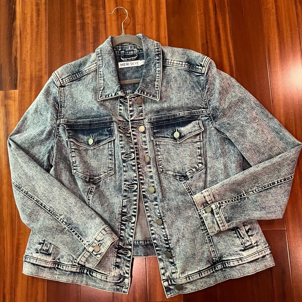 MERI SKYE Blue Denim‎ Jacket Jean Faded Wash Long Sleeve Button Plus Size 1X
